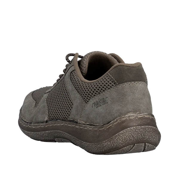 Men's grey wide-fit elasticated shoes with suede and mesh upper, cushioned sole, and lace-up design.