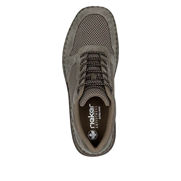 Gray men's wide elasticated mesh sneaker with lace-up closure and cushioned collar, featuring a sturdy rubber sole.