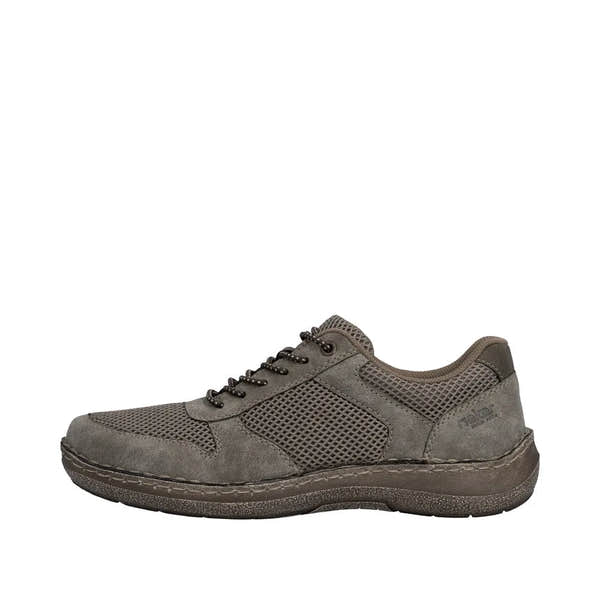 Rieker 03089-64 men's wide grey elasticated casual shoes with mesh and suede material, lace-up design, and cushioned sole.