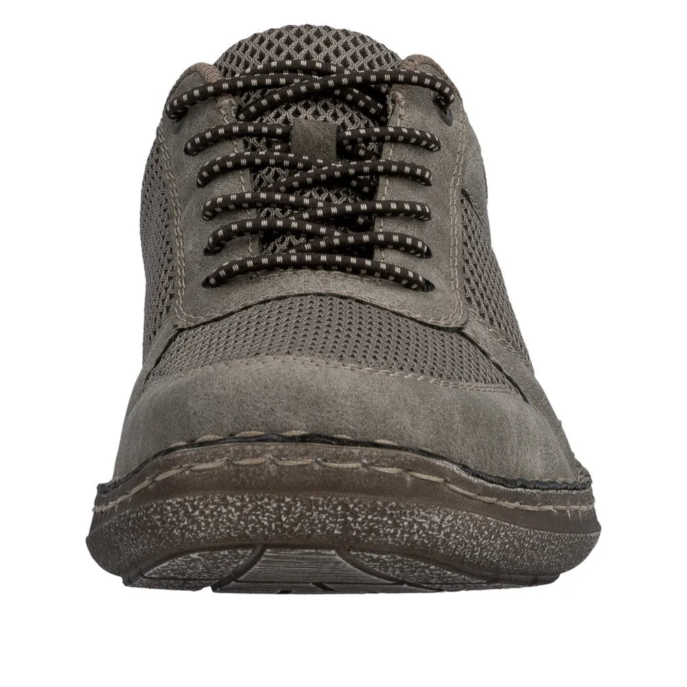 Grey mens wide elasticated casual shoe with mesh and suede materials, padded tongue, black laces, and textured sole.