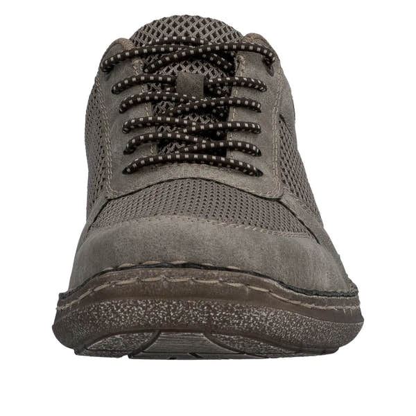 Grey mens wide elasticated casual shoe with mesh and suede materials, padded tongue, black laces, and textured sole.
