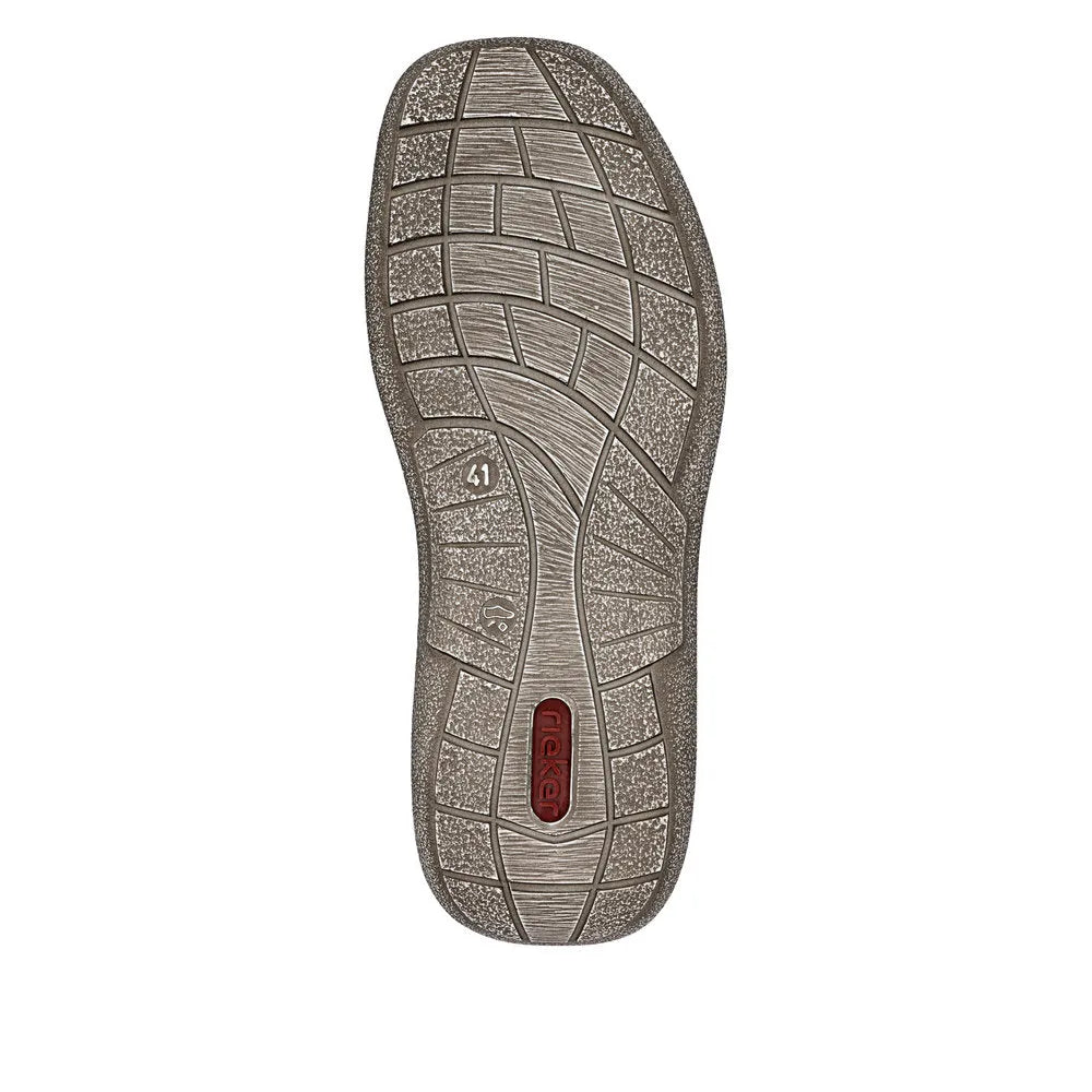 Gray elasticated men's shoe with a textured sole, waterproof material, and a red Rieker logo on the bottom.