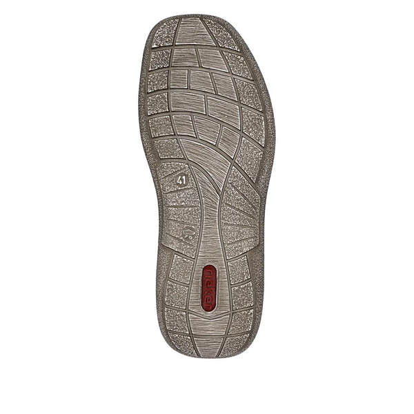 Gray elasticated men's shoe with a textured sole, waterproof material, and a red Rieker logo on the bottom.
