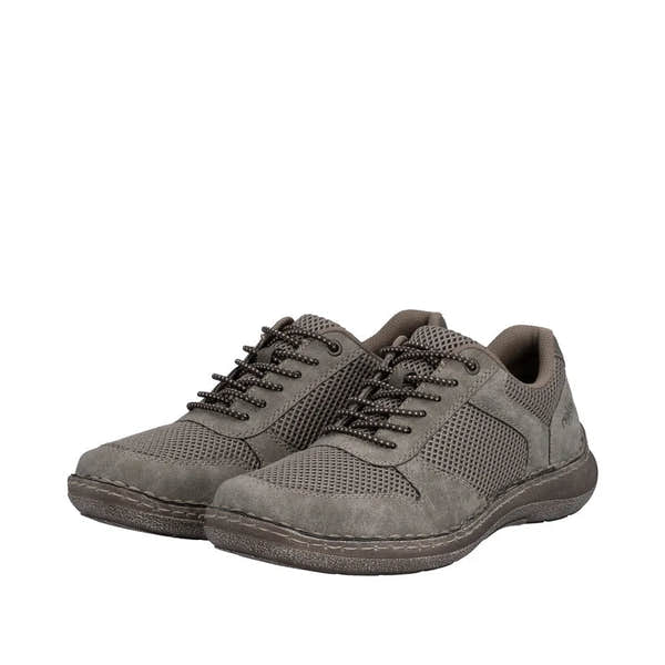 Grey men's wide elasticated shoes with mesh and suede materials, lace-up design, and comfortable cushioned interior.