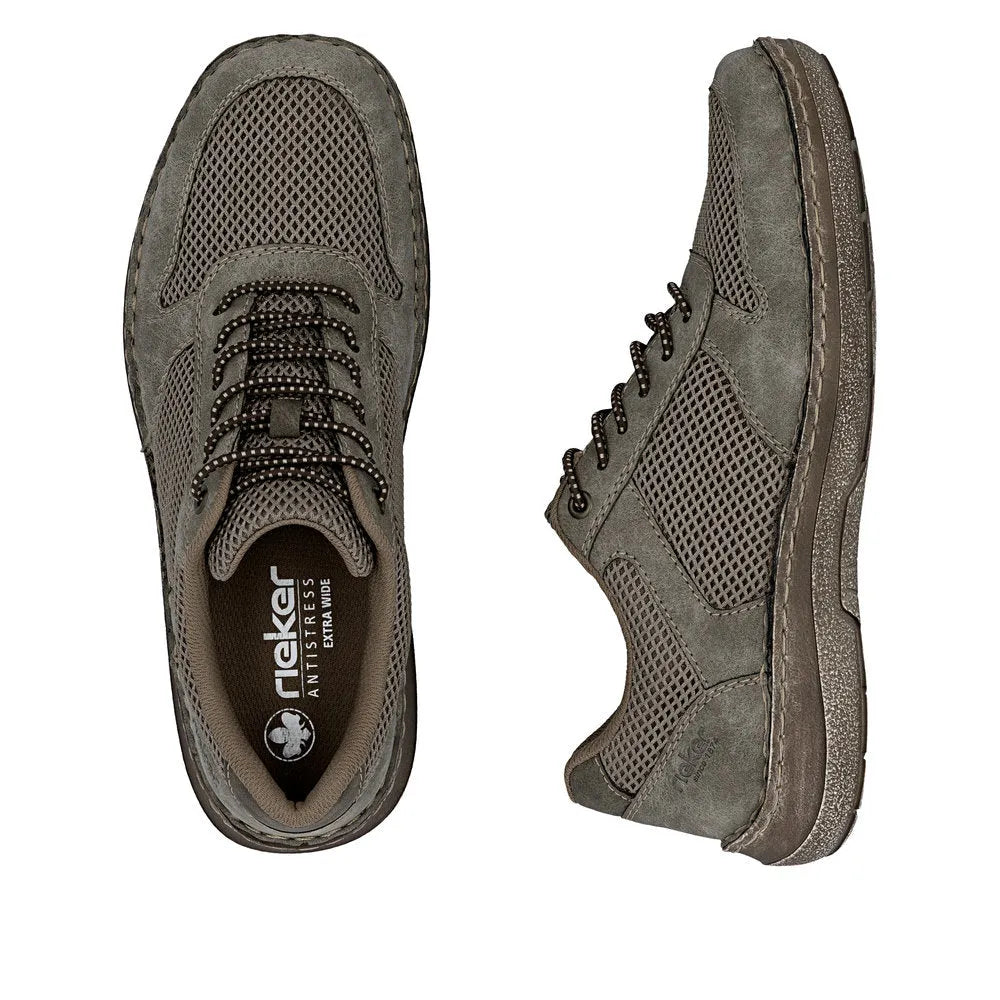 Men's grey elasticated wide-fit shoes with mesh panels and a textured sole, featuring a lace-up design and suede accents.