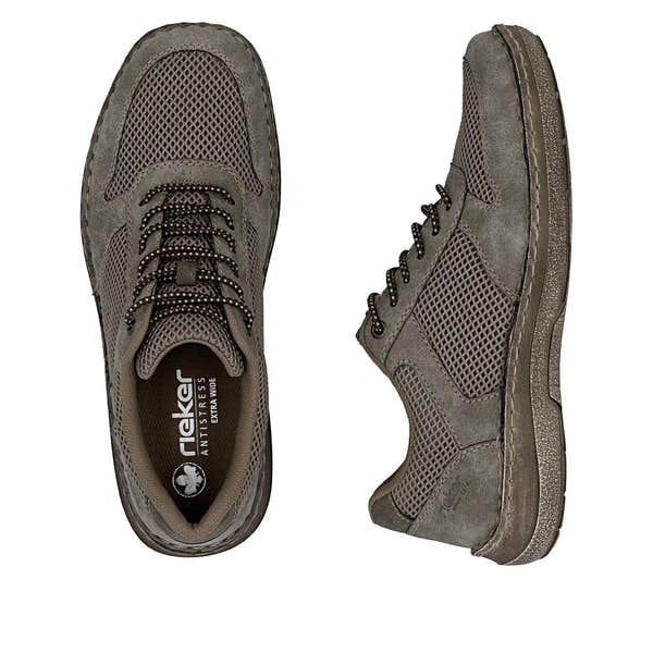 Men's grey elasticated wide-fit shoes with mesh panels and a textured sole, featuring a lace-up design and suede accents.