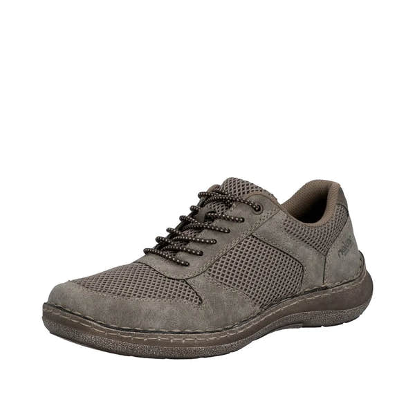 Grey men's wide elasticated casual shoe with suede and mesh materials, lace-up front, cushioned interior, and textured sole.