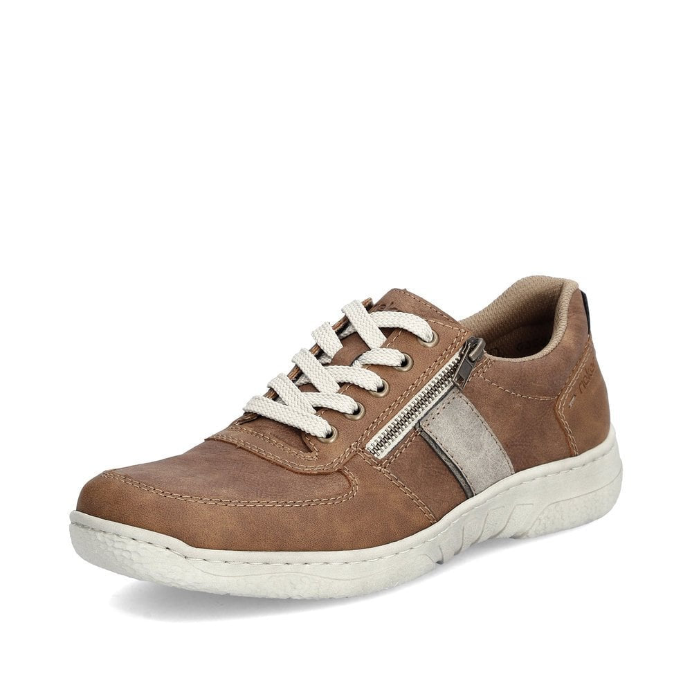 Rieker men's wide fit brown suede side zip casual shoe with white laces and midsole, featuring zipper detail and comfortable design.