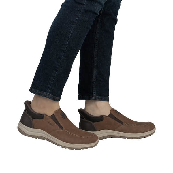 Rieker 03655-24 men's wide fit brown leather slip-on shoes with cushioned soles and dark accents.