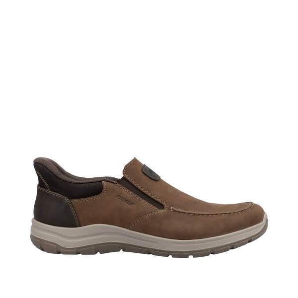 Rieker men's wide fit brown leather slip-on shoes with cushioned sole and durable design.