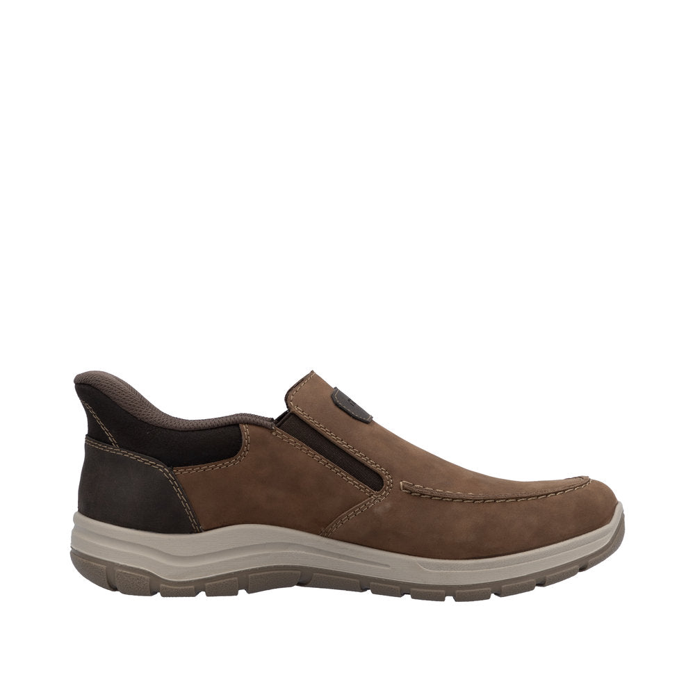 Rieker men's wide brown leather slip-on shoes with cushioned sole and slip-resistant outsole.