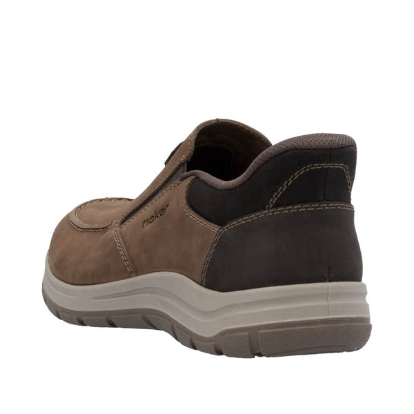 Rieker men's wide brown leather slip-on shoes with cushioned sole and contrasting black accents.