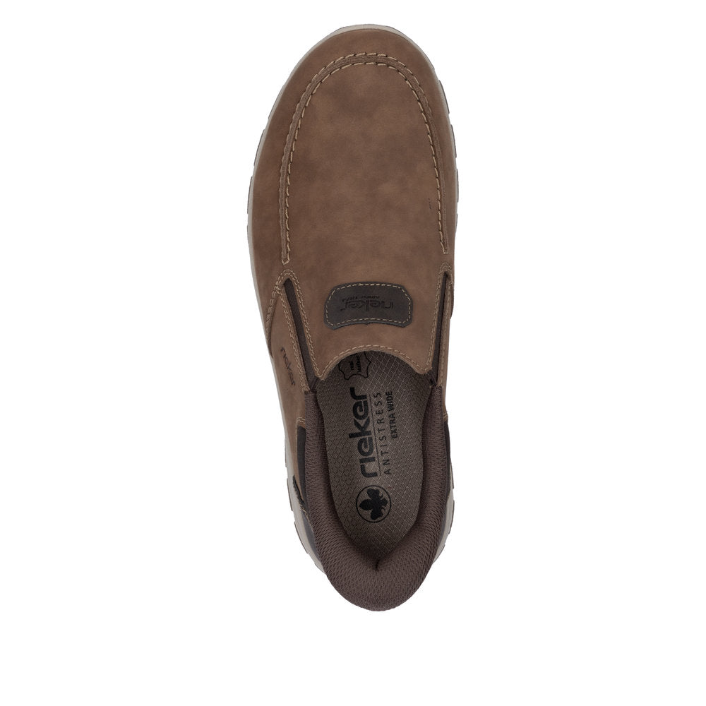 Rieker 03655-24 men's wide brown leather slip-on shoes with cushioned insole and slip-resistant sole.