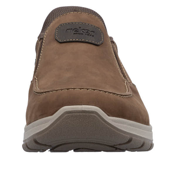 Rieker 03655-24 men's wide fit brown leather slip-on shoes, casual comfort footwear with cushioned sole.
