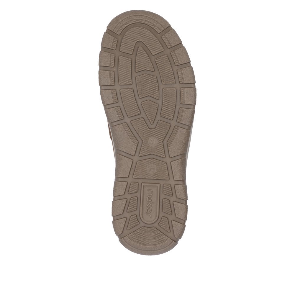 Rieker 03655-24 men's wide brown leather slip-on shoes with textured outsole and cushioned comfort.