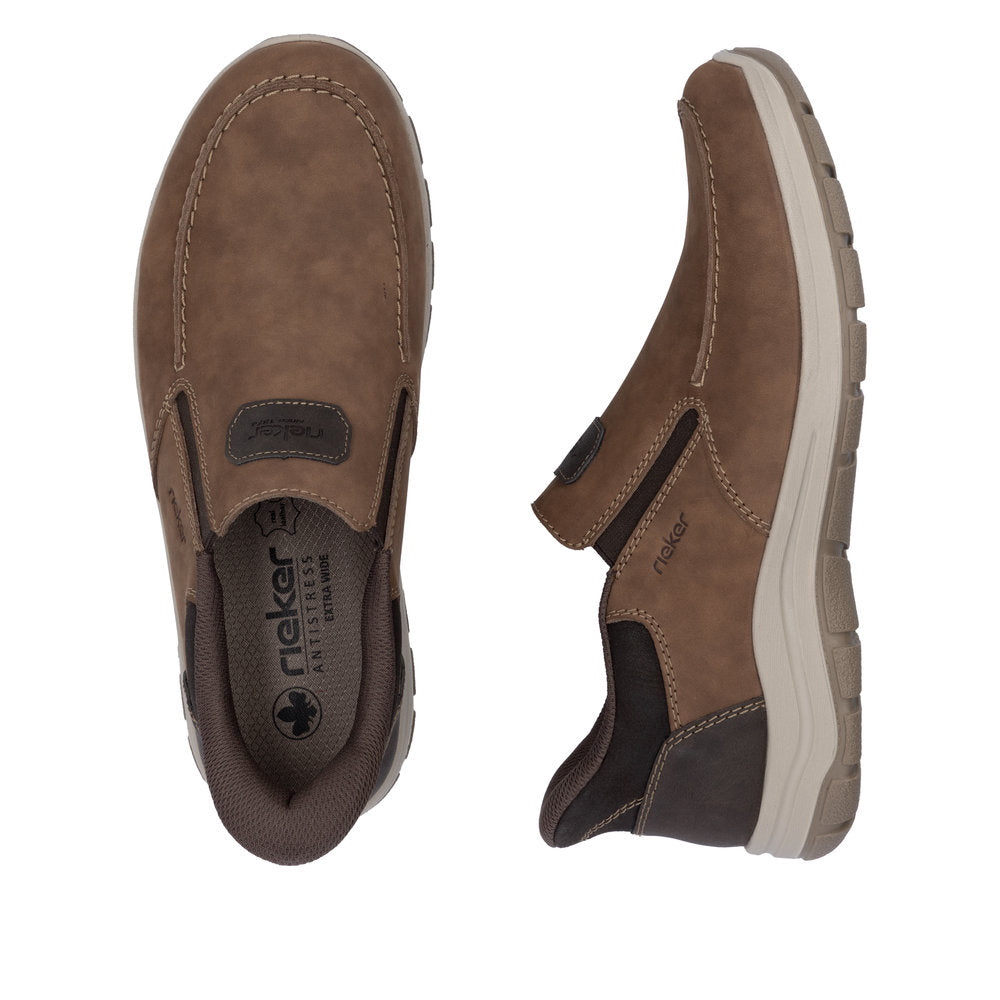 Rieker 03655-24 men's wide fit brown leather slip-on shoes with cushioned insole and textured rubber sole.