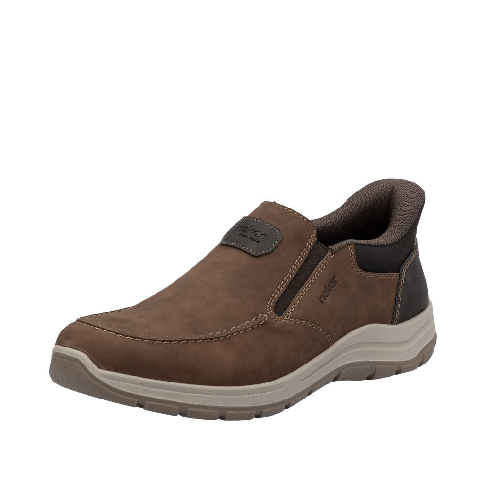 Rieker men's brown leather slip-on shoes with cushioned collar and flexible sole, stylish and comfortable for wide feet.