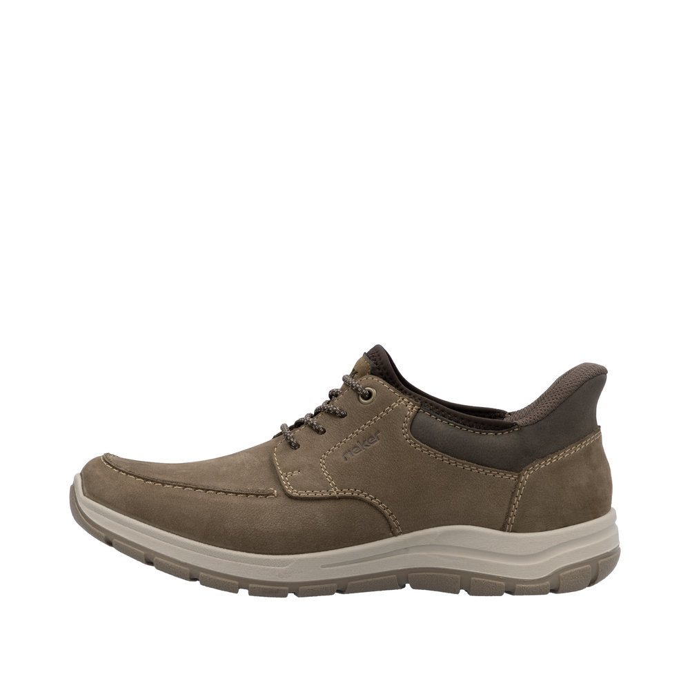 Rieker men's wide fit brown leather elasticated shoes, casual slip-on design, lightweight and comfortable for everyday wear.