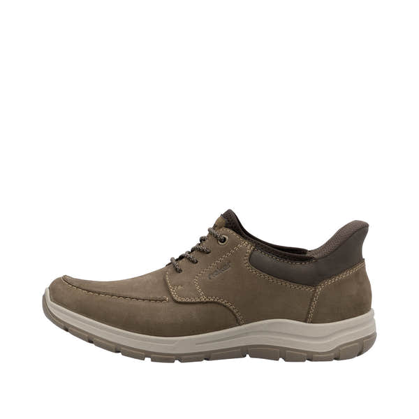 Rieker men's wide fit brown leather elasticated shoes, casual slip-on design, lightweight and comfortable for everyday wear.