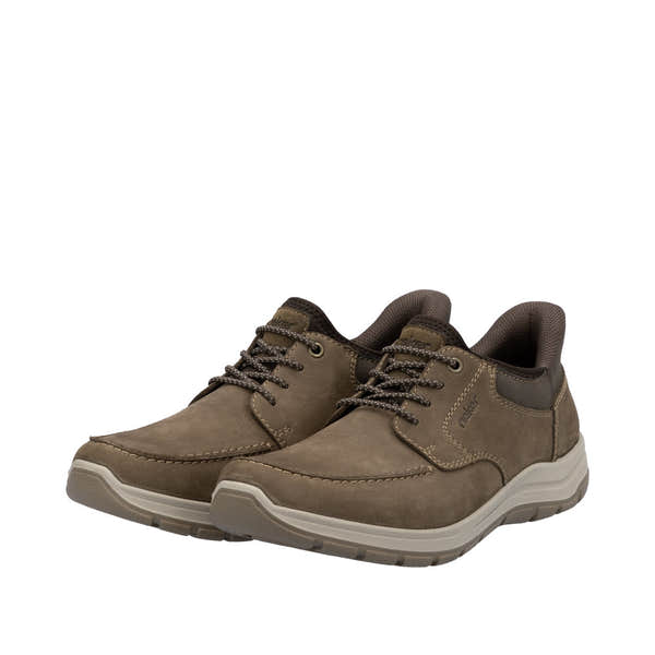 Rieker men's wide fit brown leather elasticated casual shoes with padded collar and durable rubber sole.