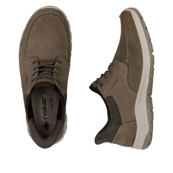 Rieker men's wide fit brown leather elasticated shoes with cushioned sole and durable outsole.
