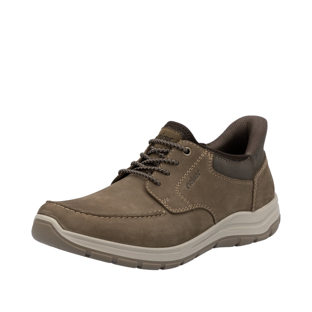 Rieker 03656-24 men's wide fit brown leather elasticated casual shoes with cushioned sole and lace-up closure.