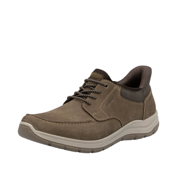 Rieker 03656-24 men's wide fit brown leather elasticated casual shoes with cushioned sole and lace-up closure.