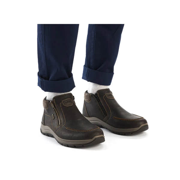 Rieker 03660-25 men's brown leather water-resistant twin zip ankle boots with rugged sole and stitching detail.