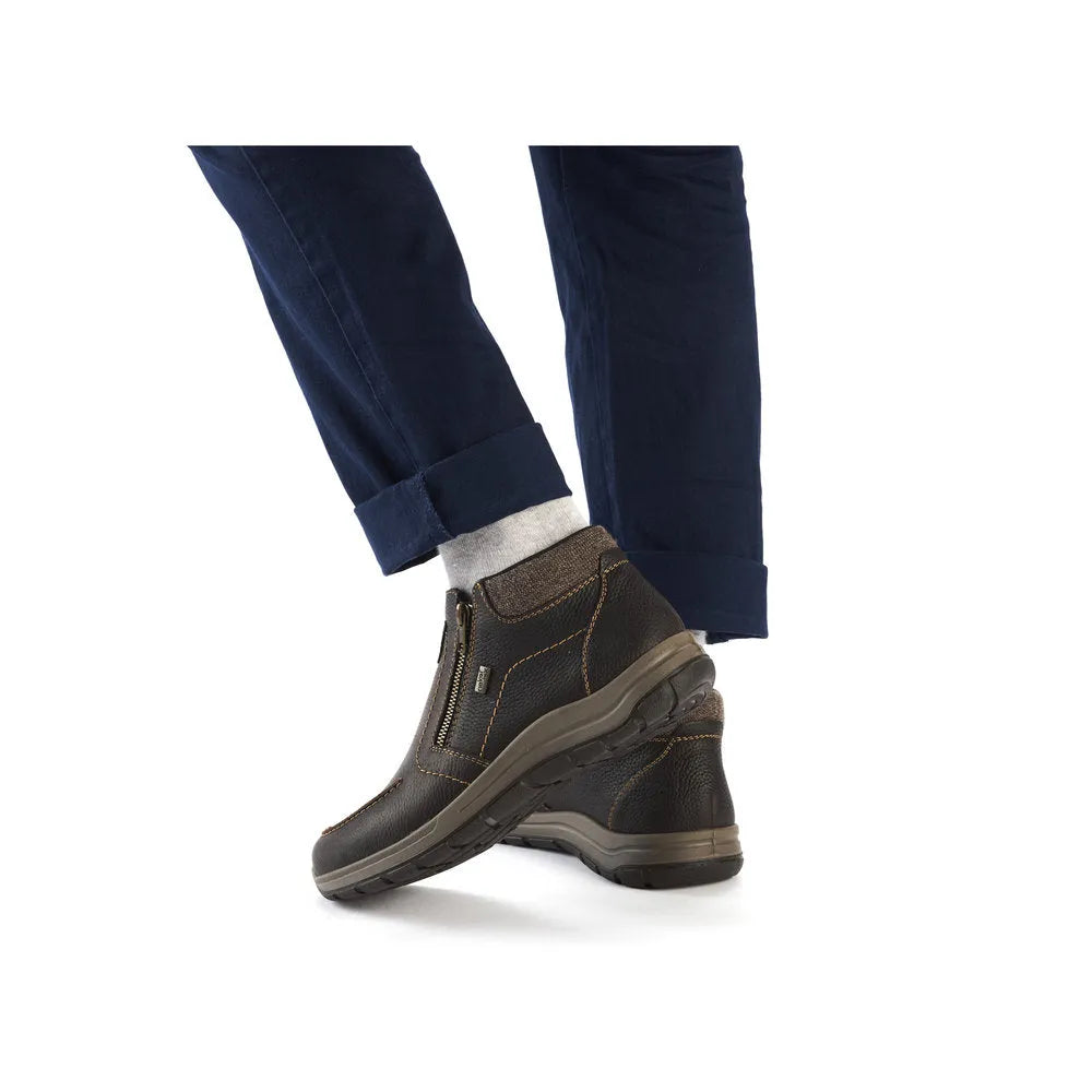 Rieker 03660-25 men's brown water-resistant leather ankle boots with twin zippers and rugged soles.