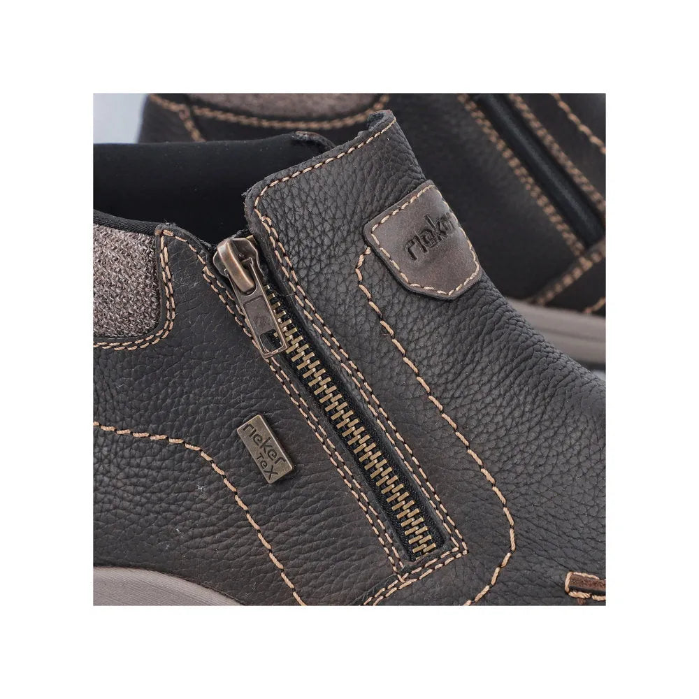 Rieker 03660-25 men's brown leather water-resistant twin zip ankle boots with contrast stitching and textured finish.