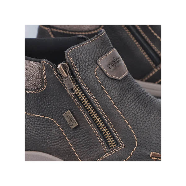 Rieker 03660-25 men's brown leather water-resistant twin zip ankle boots with contrast stitching and textured finish.