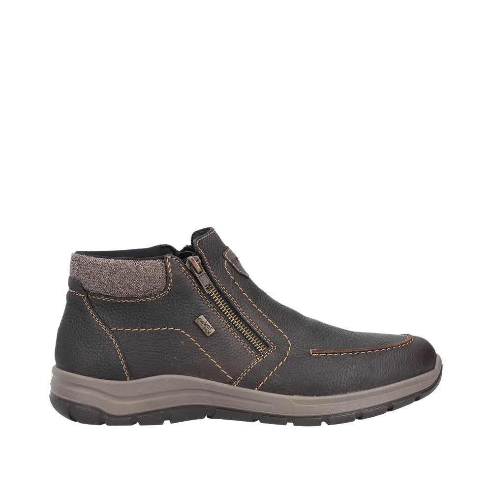 Rieker men's brown waterproof leather ankle boot with twin zipper, cushioned collar, and durable sole for outdoor wear.