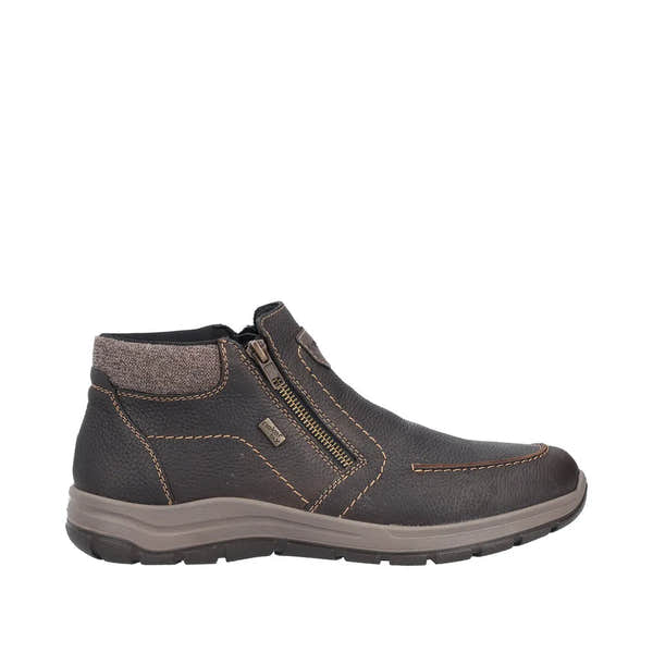 Rieker men's brown waterproof leather ankle boot with twin zipper, cushioned collar, and durable sole for outdoor wear.