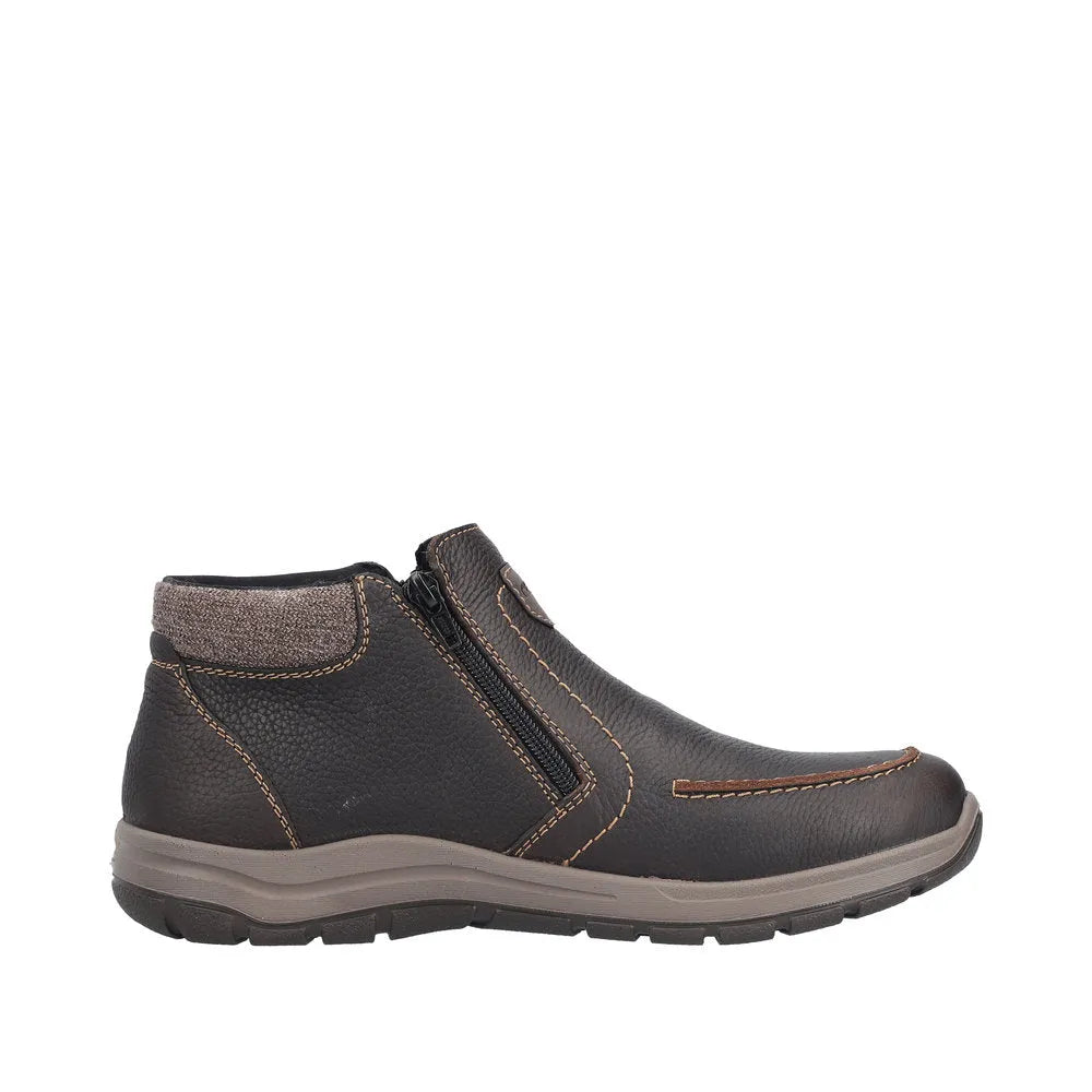 Rieker 03660-25 mens brown water-resistant leather ankle boots with twin zips and cushioned collar.
