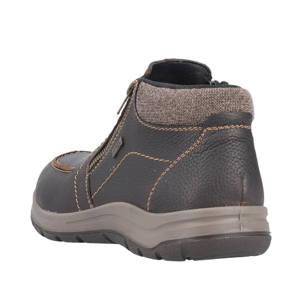 Rieker Mens Brown Leather Water-Resistant Twin Zip Ankle Boots with cushioned sole and ankle collar.