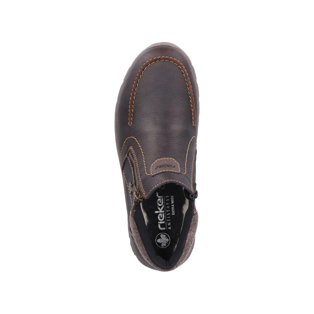 Rieker 03660-25 men's brown leather ankle boots with water-resistant twin zipper design.