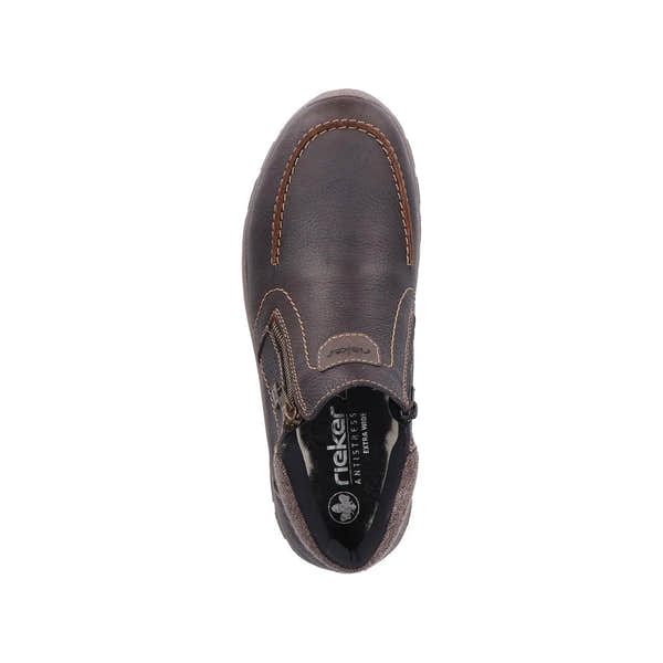 Rieker 03660-25 men's brown leather ankle boots with water-resistant twin zipper design.