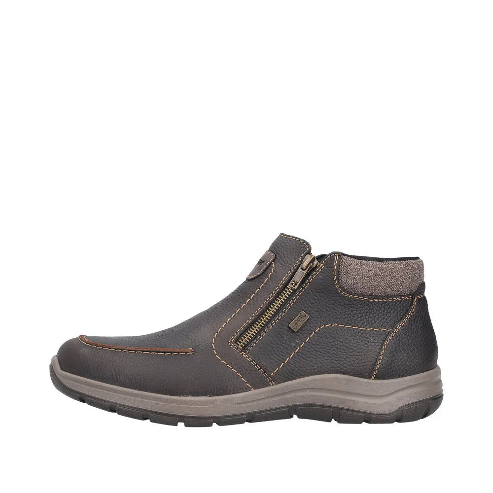 Rieker 03660-25 men's brown leather water-resistant ankle boots with twin zippers and comfort sole.
