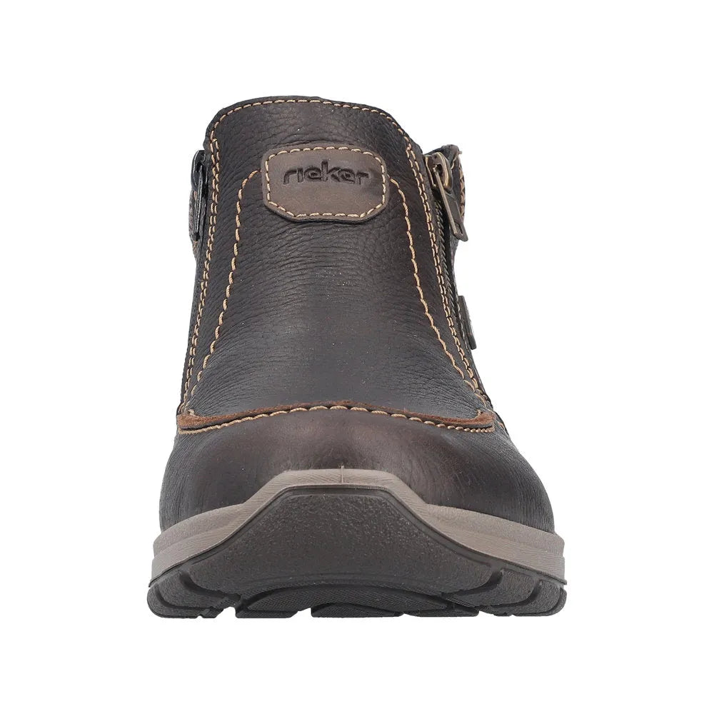 Rieker 03660-25 men's brown leather water-resistant twin zip ankle boots with durable sole.