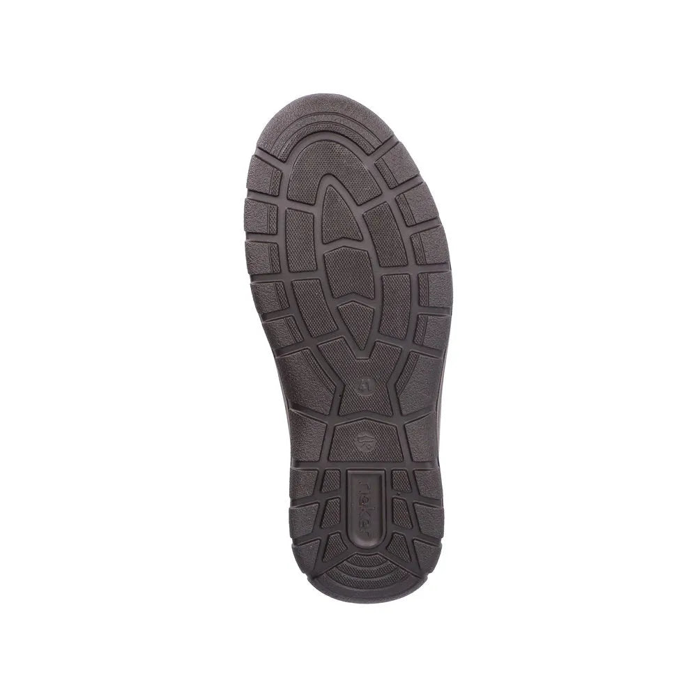 Rieker 03660-25 men's brown water-resistant leather ankle boots with twin zippers and rugged outsole for outdoor wear.