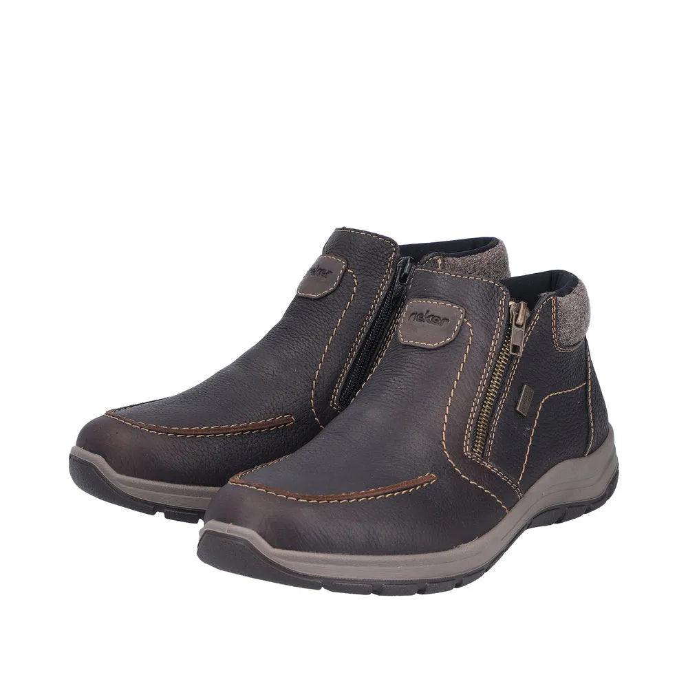Rieker men's brown leather water-resistant ankle boots with twin zips and cushioned soles.