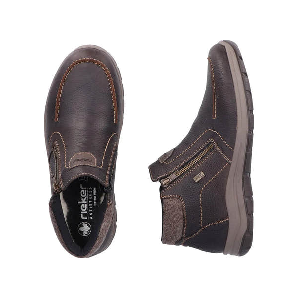 Rieker men's brown leather water-resistant twin zip ankle boots with cushioned interior and durable sole.