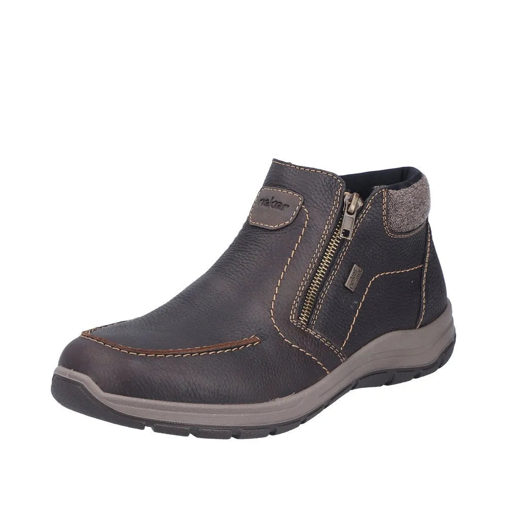 Rieker 03660-25 men's brown leather water-resistant ankle boots with twin zippers and cushioned collar.