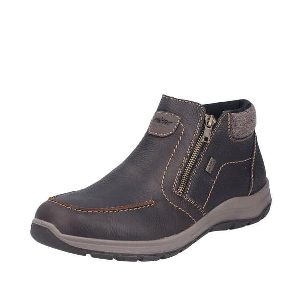 Rieker 03660-25 men's brown leather water-resistant ankle boots with twin zippers and cushioned collar.