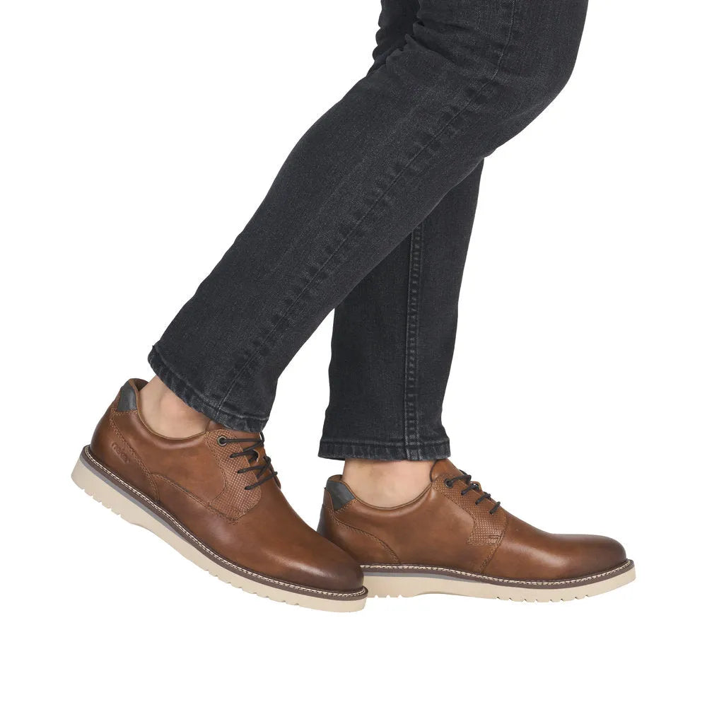 Rieker 04503-24 men's brown leather lace-up shoes with white rubber sole, stylish and comfortable for casual wear.