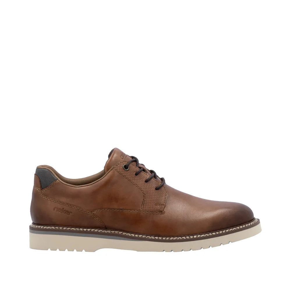 Rieker 04503-24 men's brown leather lace-up shoes with beige sole and padded collar. Stylish, casual dress footwear for men.