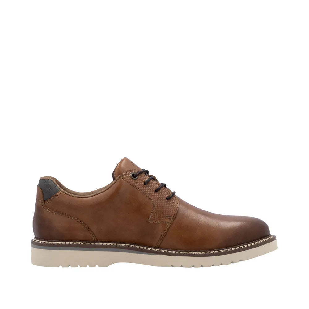 Rieker 04503-24 men's brown leather lace-up shoes with white rubber sole and stylish design.