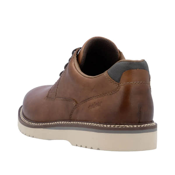 Rieker 04503-24 men's brown leather lace-up shoes with padded collar and white rubber sole.