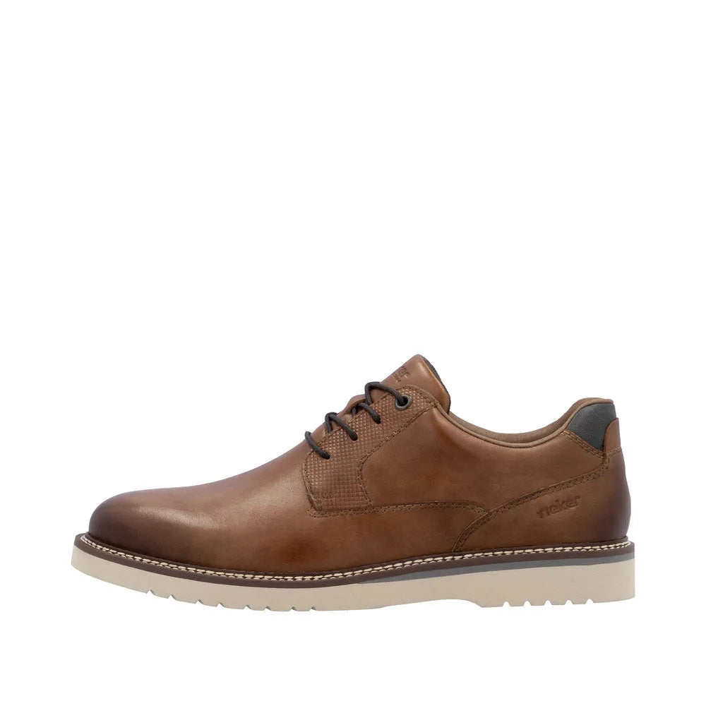 Rieker men's brown leather lace-up shoes with cushioned collar and white rubber outsole.