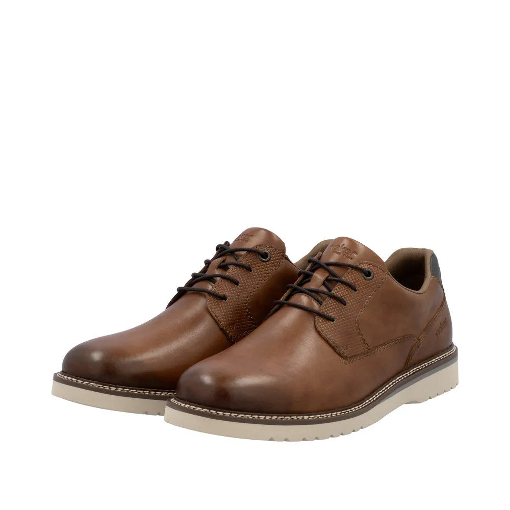Rieker 04503-24 men's brown leather lace-up shoes with contrasting beige sole, stylish and comfortable dress footwear.